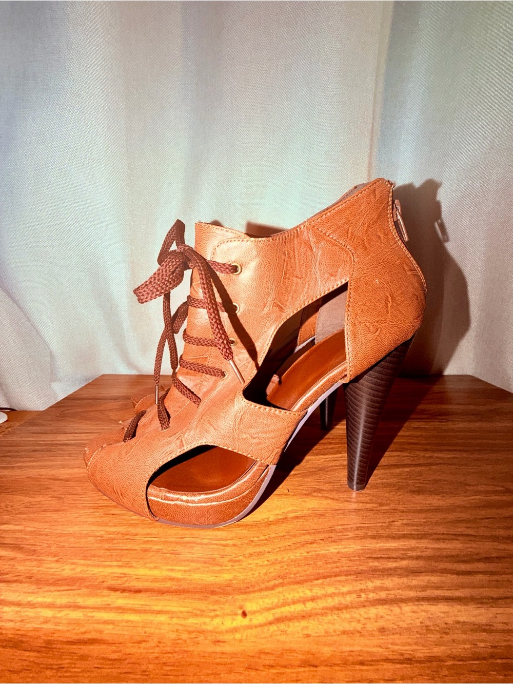 Lace-Up Peep-Toe High Heel Sandal in Tan
